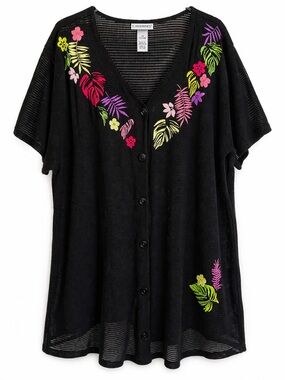 Catherines 2X Black Mesh Swim Cover Up Tropical Embroidered Plus Size 22/24W